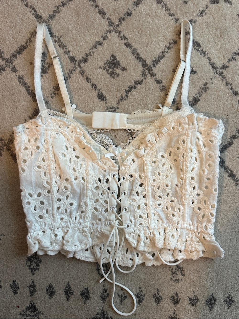 For Love & Lemons White Eyelet Lace-Up Cropped Cami